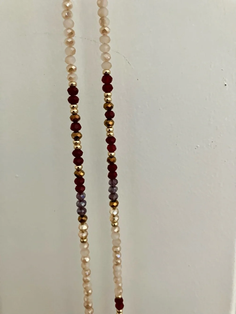 Loft Gold Tassel Beaded Long Necklace w/ Cream, Grey, Gold and Burgundy Beads